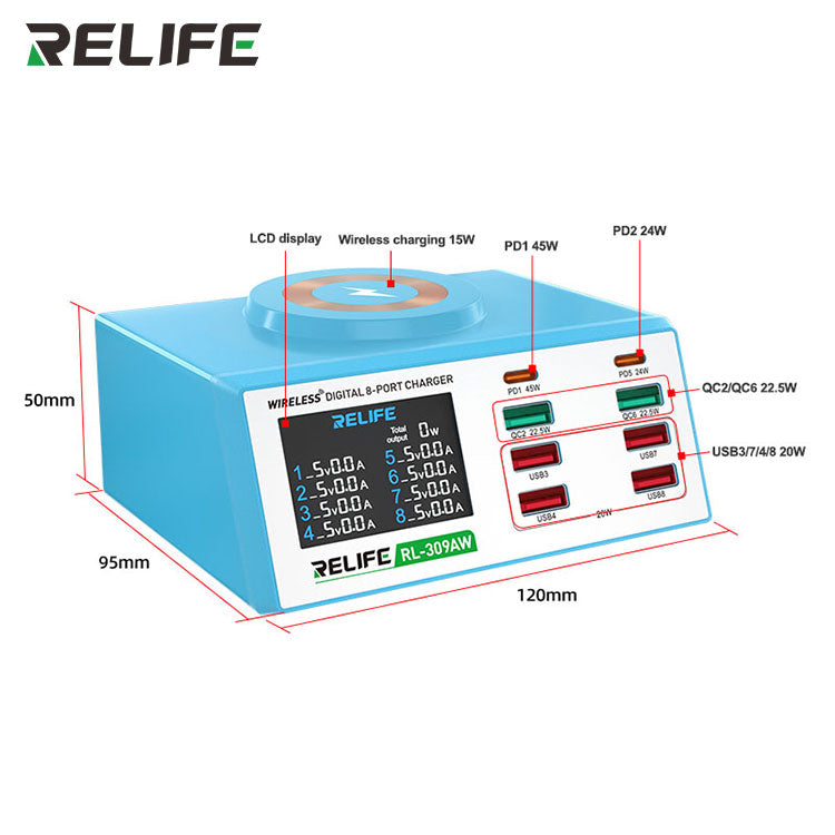 RELIFE RL-309AW 100W 8-Port Smart Charging Station – 15W Magnetic Wireless Fast Charger with HD LCD Digital Display & 45W PD Laptop Support