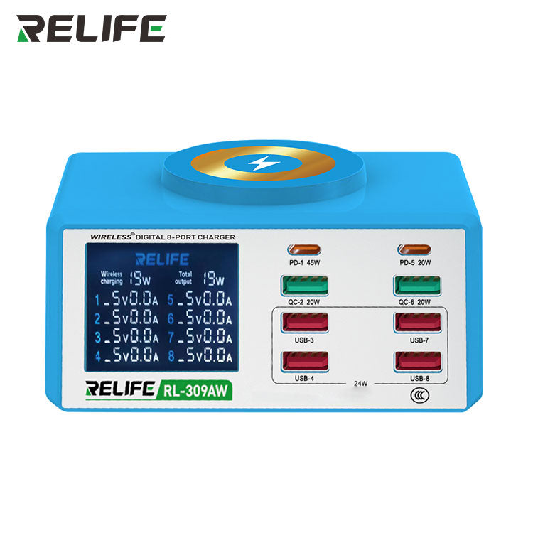 RELIFE RL-309AW 100W 8-Port Smart Charging Station – 15W Magnetic Wireless Fast Charger with HD LCD Digital Display & 45W PD Laptop Support