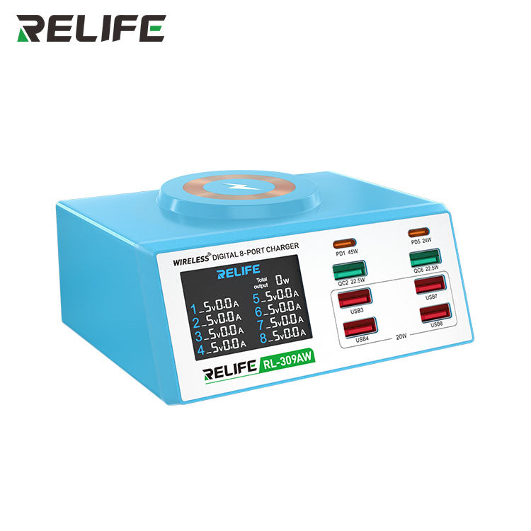 RELIFE RL-309AW 100W 8-Port Smart Charging Station – 15W Magnetic Wireless Fast Charger with HD LCD Digital Display & 45W PD Laptop Support