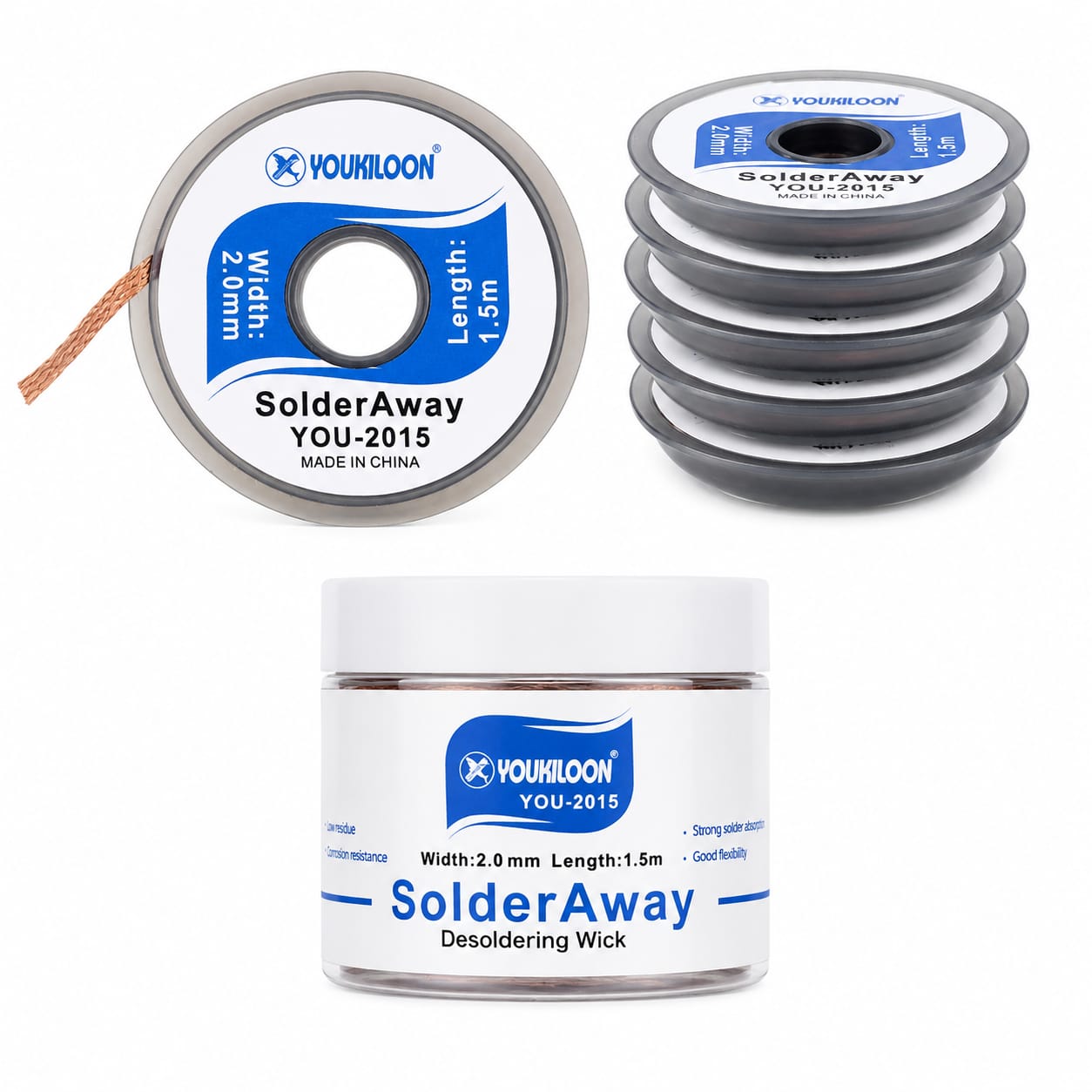 YOUKILOON YOU-2015 SolderAway Desoldering Wick 2.0mm x 1.5m – 5 Rolls Box  Soldering & Jumper Wires